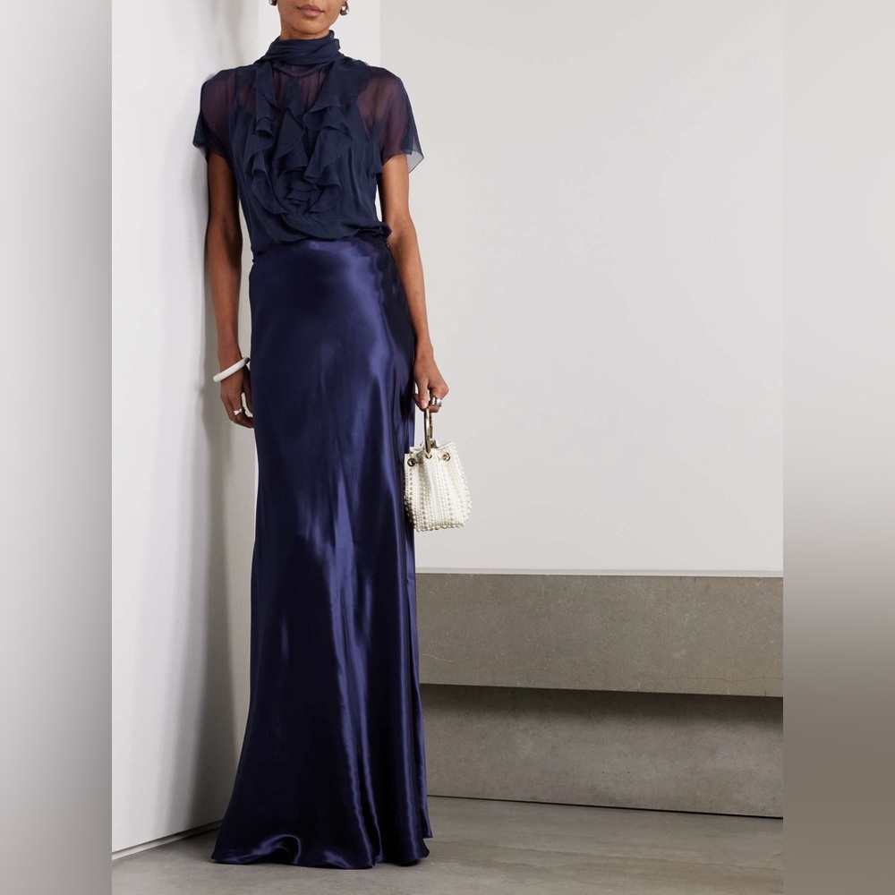 RALPH LAUREN COLLECTION MASSINA STRETCH SATIN SKIRT IN NAVY BLUE